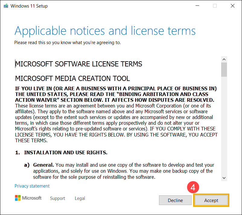 Windows 10 Setup - License Term and Agreement