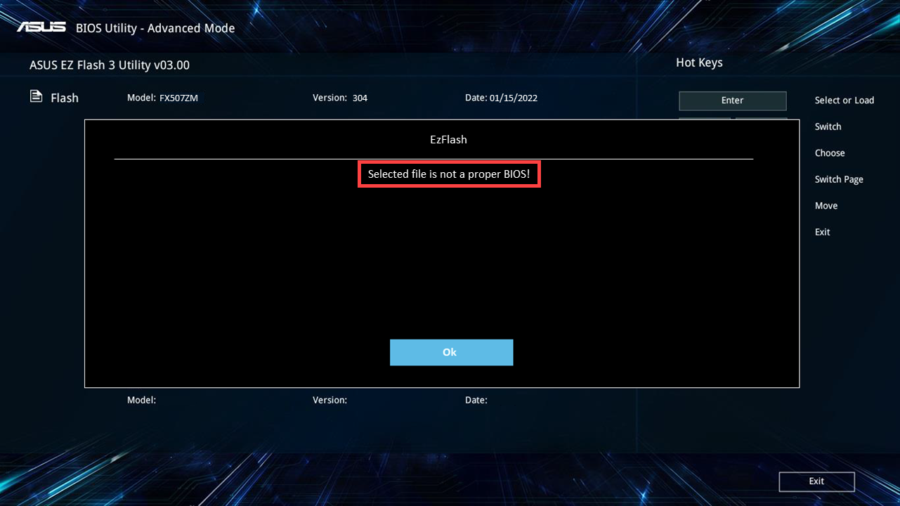 Selected file is not a proper bios asus что делать